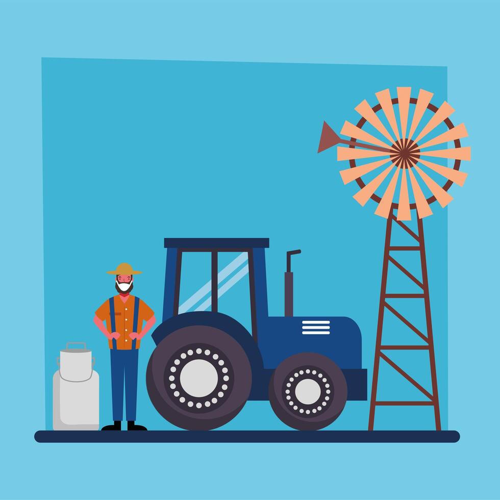 gardener man tractor windmill and milk can vector design