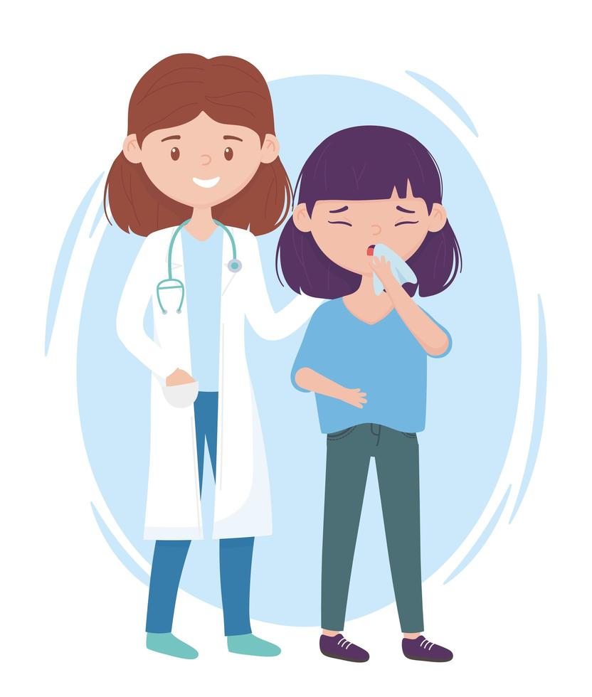 health online, female doctor and sick girl with cough covid 19 coronavirus vector