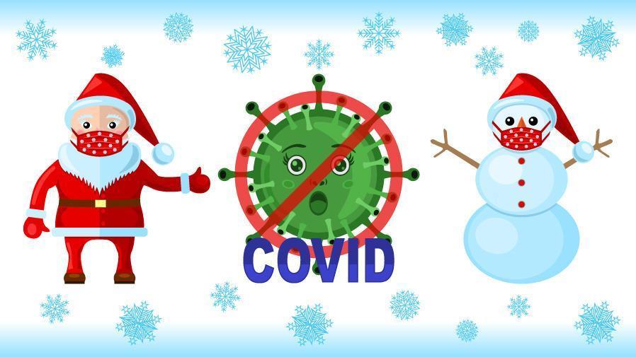 muñeco de nieve y santa klaus con mascarillas para el brote de coronavirus vector