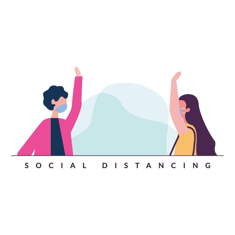 Social distancing between boy and girl with masks vector design