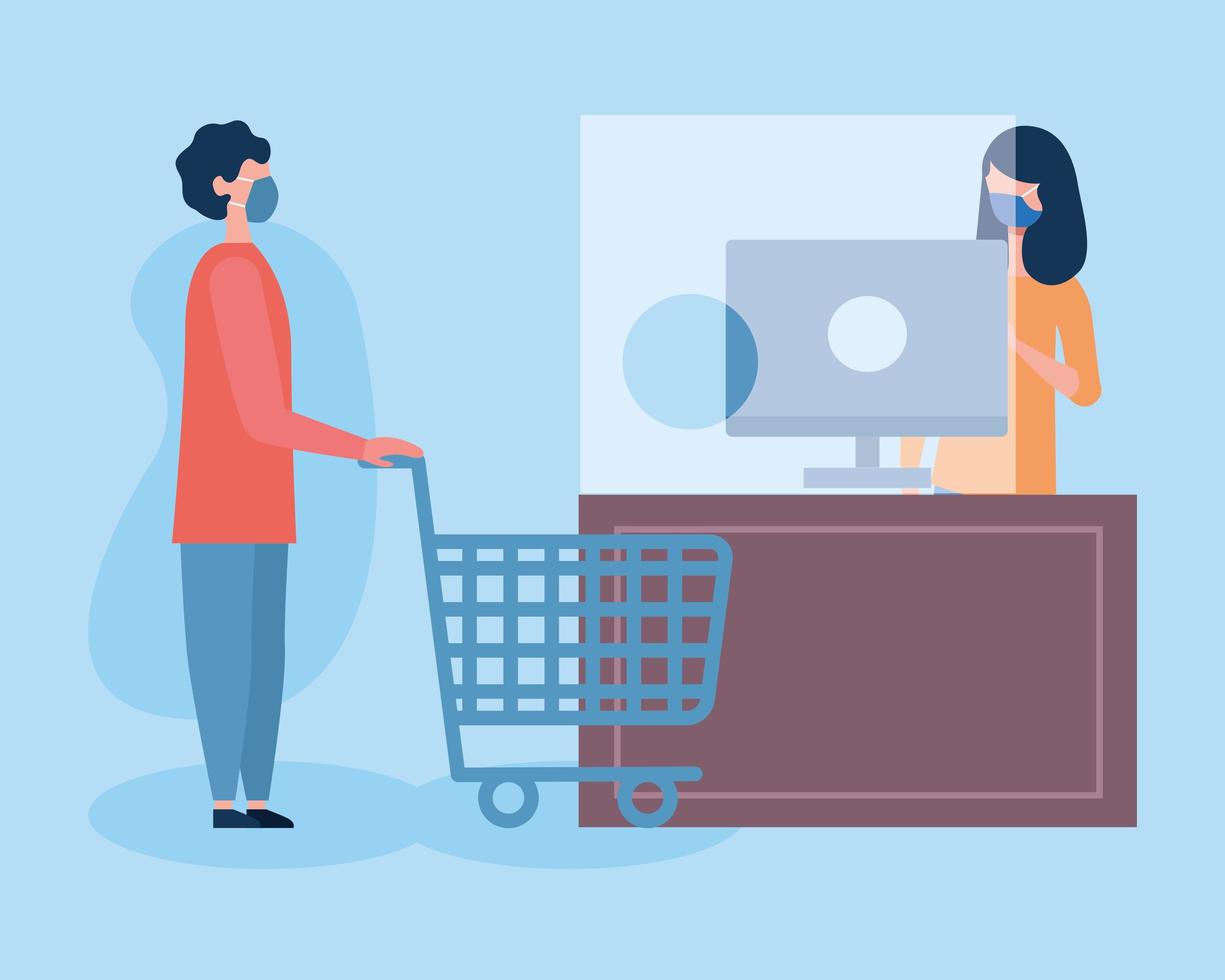 boy with mask shopping cart and saleswoman with computer vector design