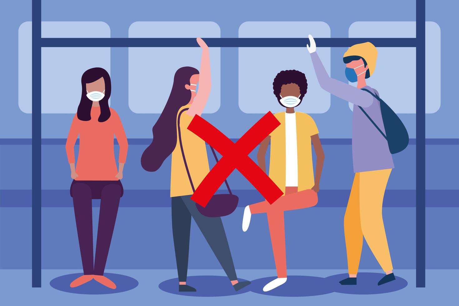 Social distancing between boys and girls with masks at bus station vector design