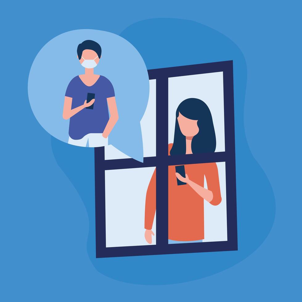 woman cartoon with smartphone at window vector design