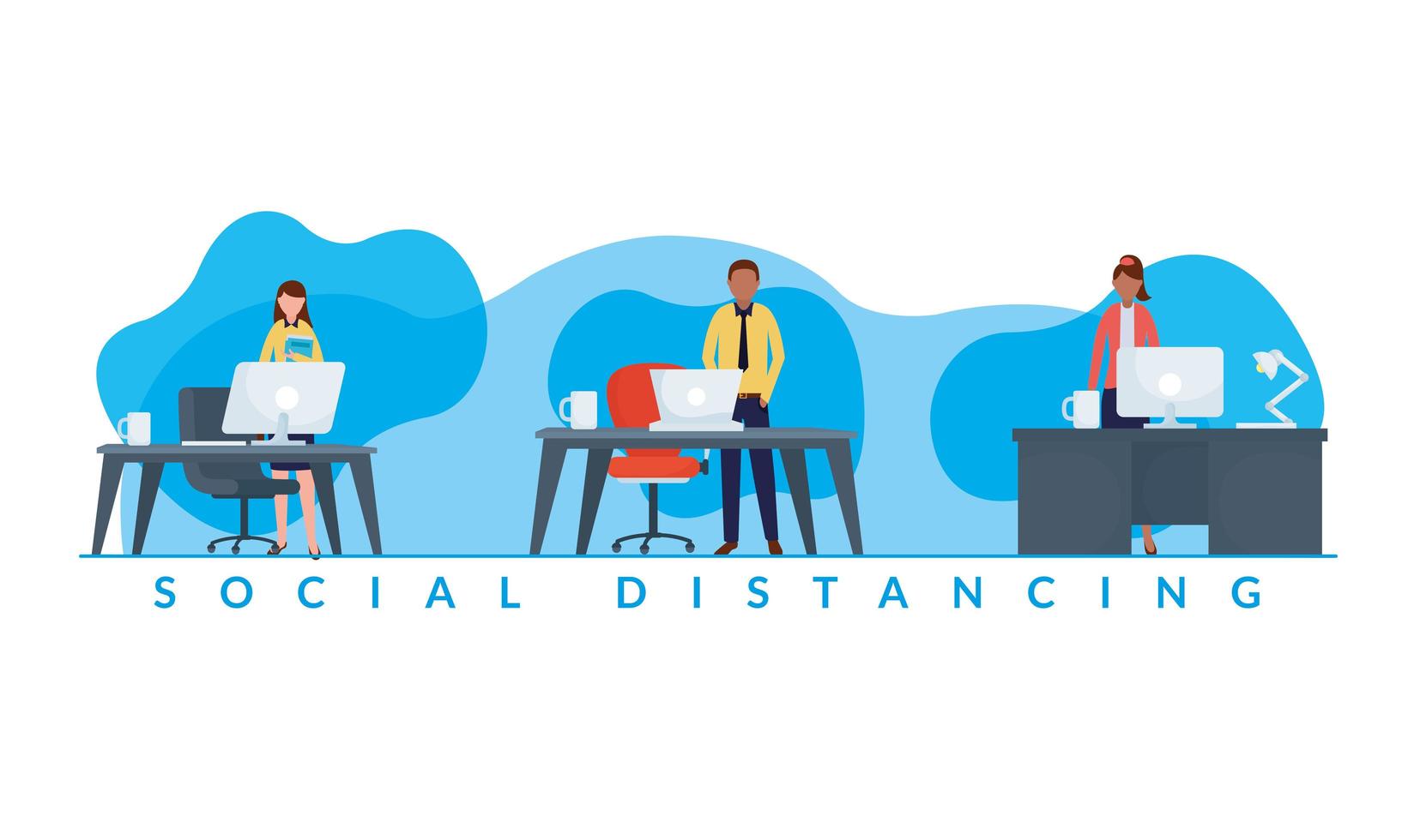 work distancing between women and man on desks vector design