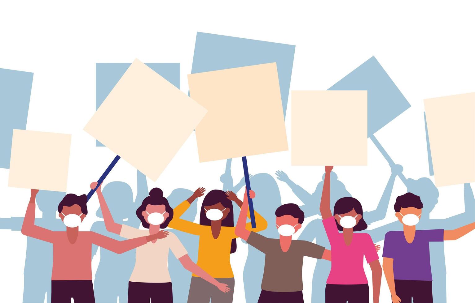 People with medical masks and banners boards vector design