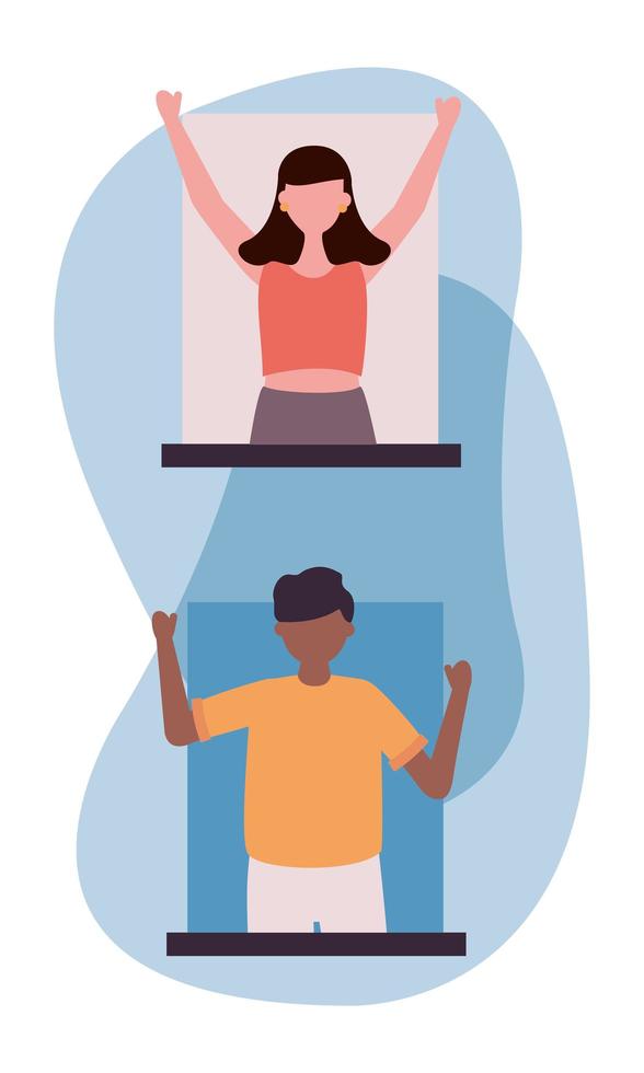 woman and man avatar at window vector design