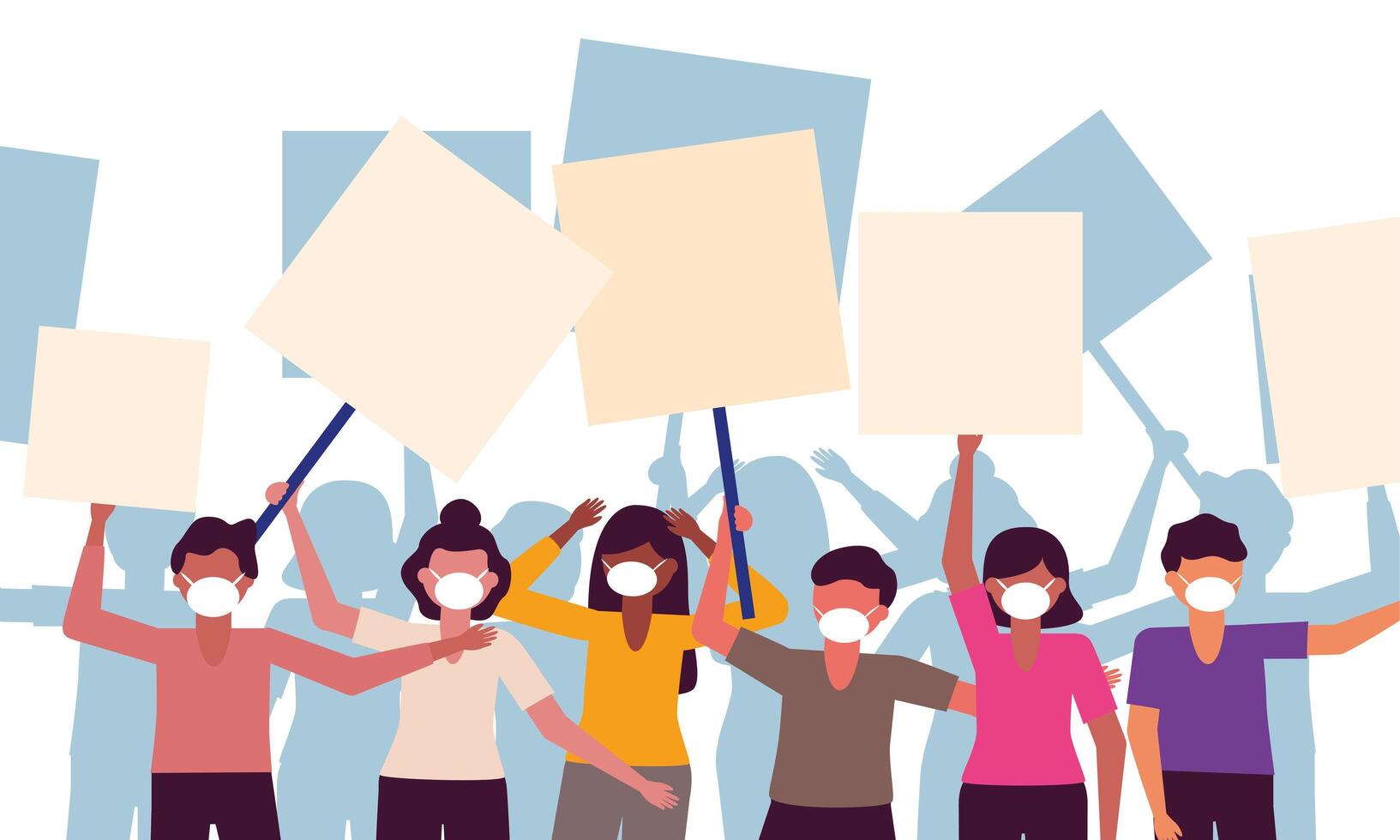 People with medical masks and banners boards vector design