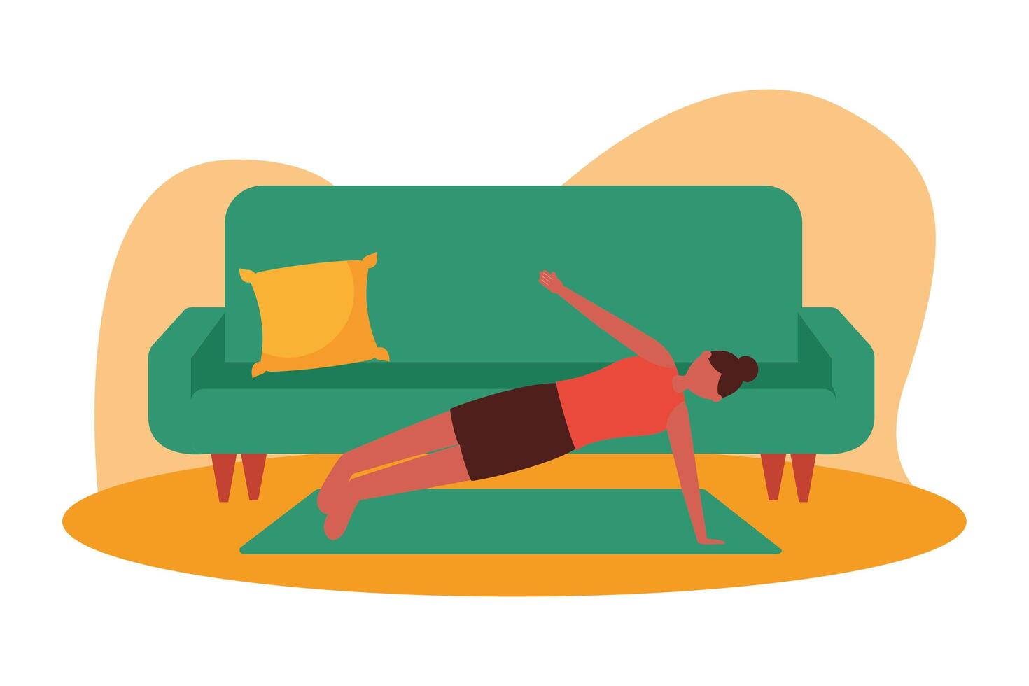 Mujer haciendo yoga en la estera en casa diseño vectorial vector