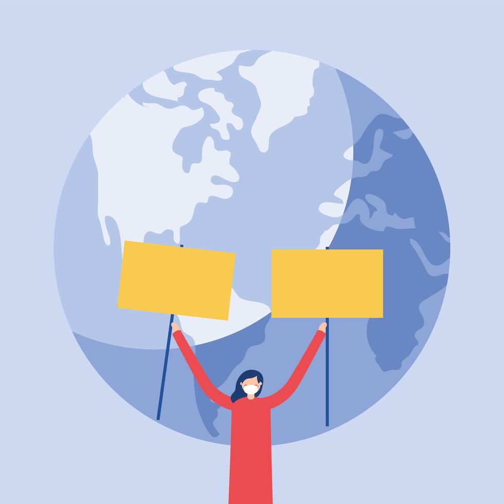 Woman with medical mask world and banners boards vector design