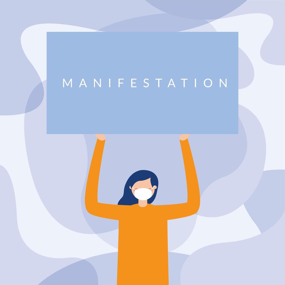 Woman with medical mask and manifestation banner board vector design