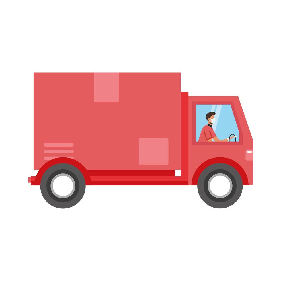 Isolated man with mask on delivery truck vector design