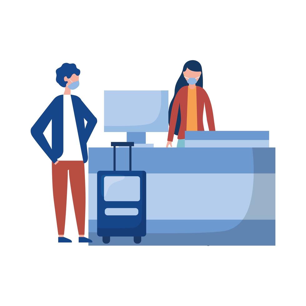 Woman and man with medical mask on airport reception vector design