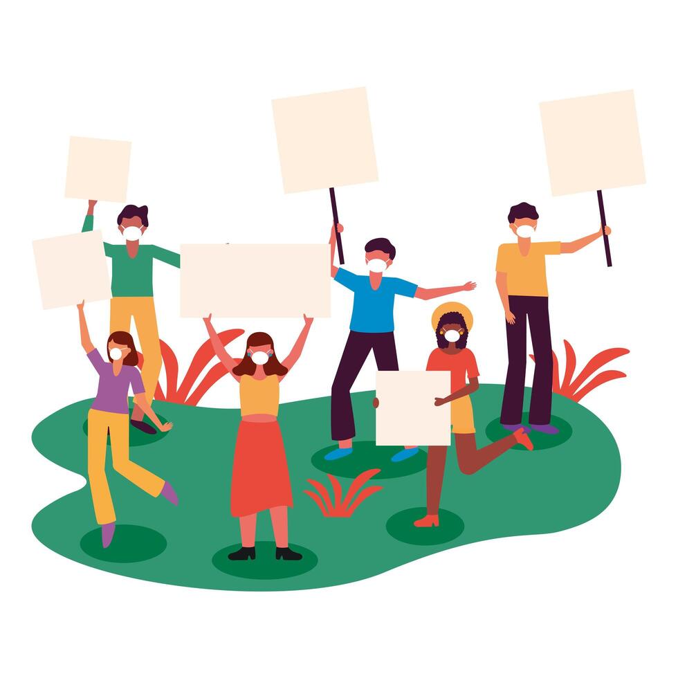 People with medical masks and banners boards vector design