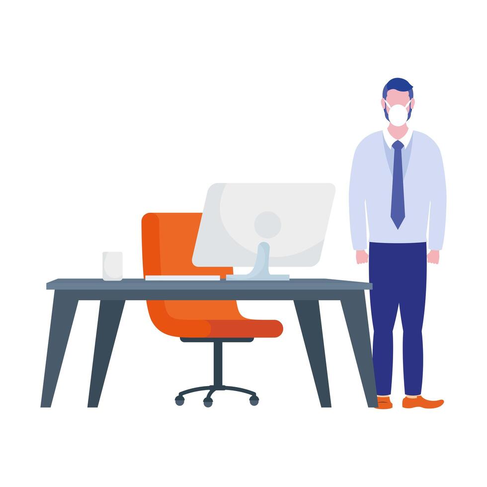 Man with medical mask on desk with computer vector design