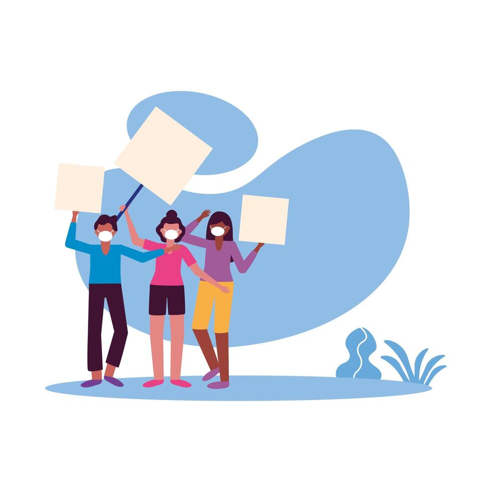 People with medical masks and banners boards vector design
