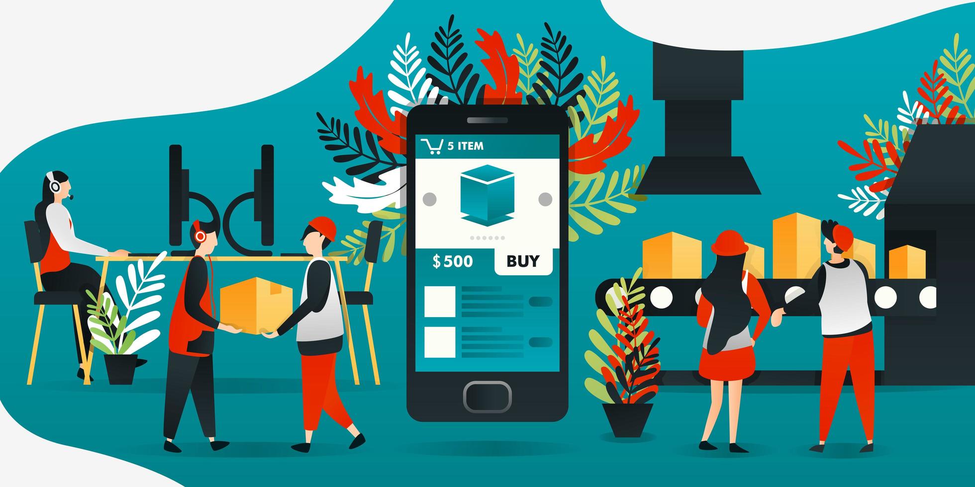 flat cartoon character. vector illustration for technology, industrial revolution 4.0, industry, e-commerce. mobile app makes easy and benefit for manufacturers, shipping to get order from customer.