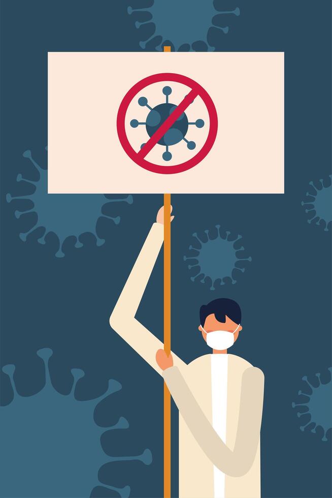 Man with medical mask and ban banner board vector design