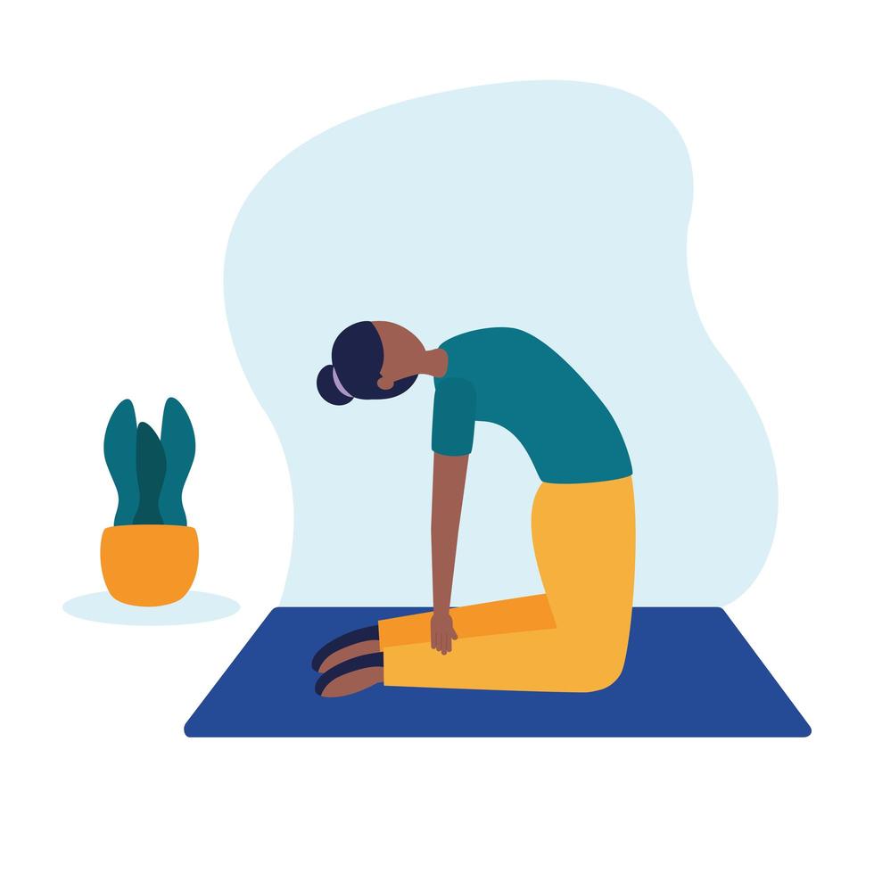 Mujer haciendo yoga en la estera en casa diseño vectorial vector