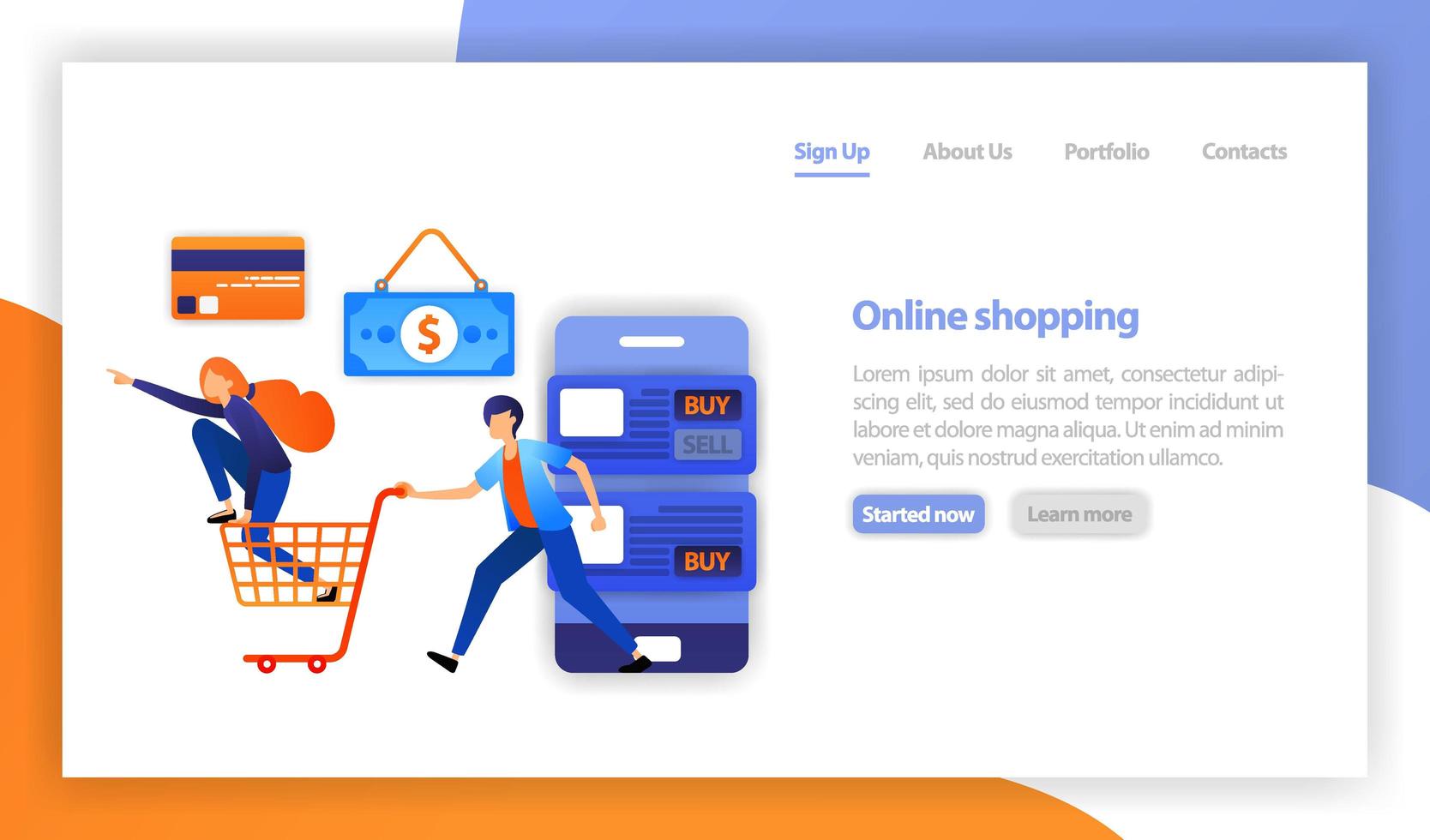 ilustración vectorial plana para web, banner, página de destino, ui ux móvil. concepto de compra online. descuentos y promociones. compras móviles. comercio y compra. chicas adictas a las compras de pie en una cesta de la compra vector