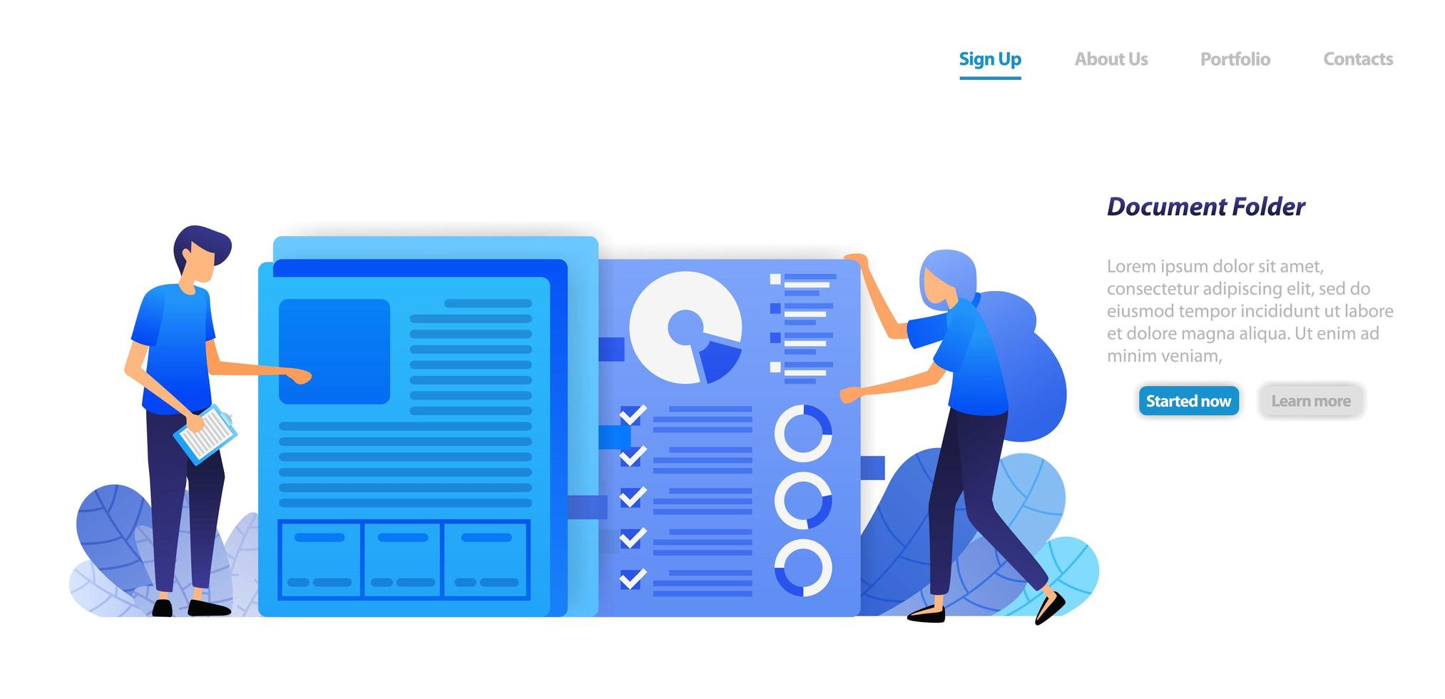 organize and tidy up paper documents of company's financial data chart into folder for administration. flat illustration concept for landing page, web, ui, banner, flyer, poster, template, background vector