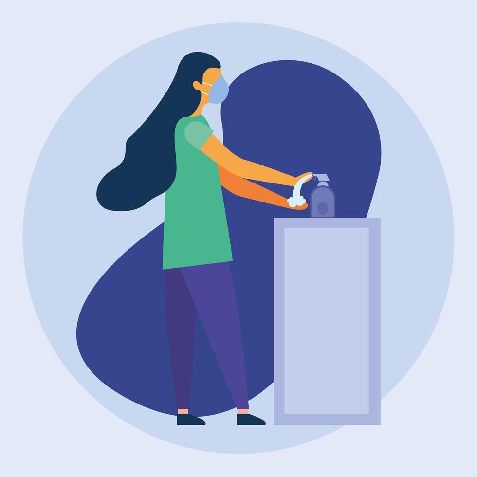 Woman with medical mask washing her hands vector design