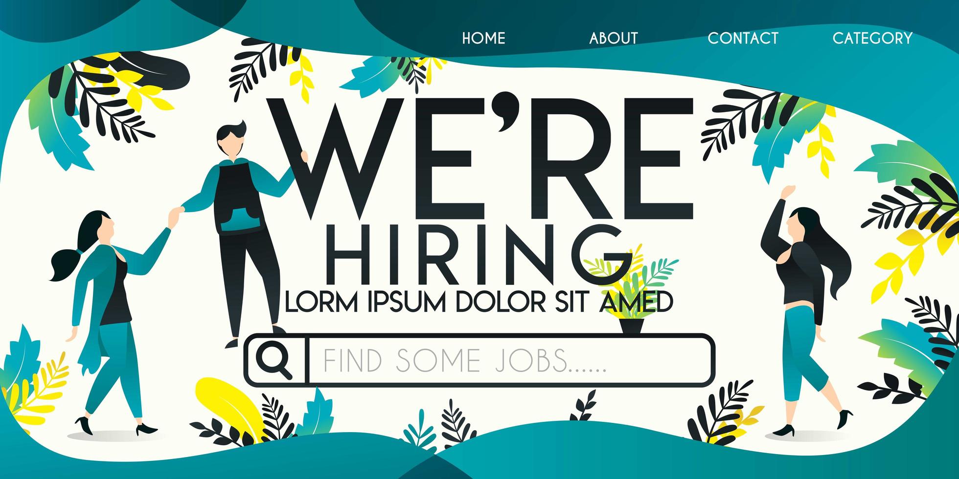we're hiring vector illustration concept, man who is helping a woman ride on a job search engine with we're hiring word , can use for, landing page, template, ui, web