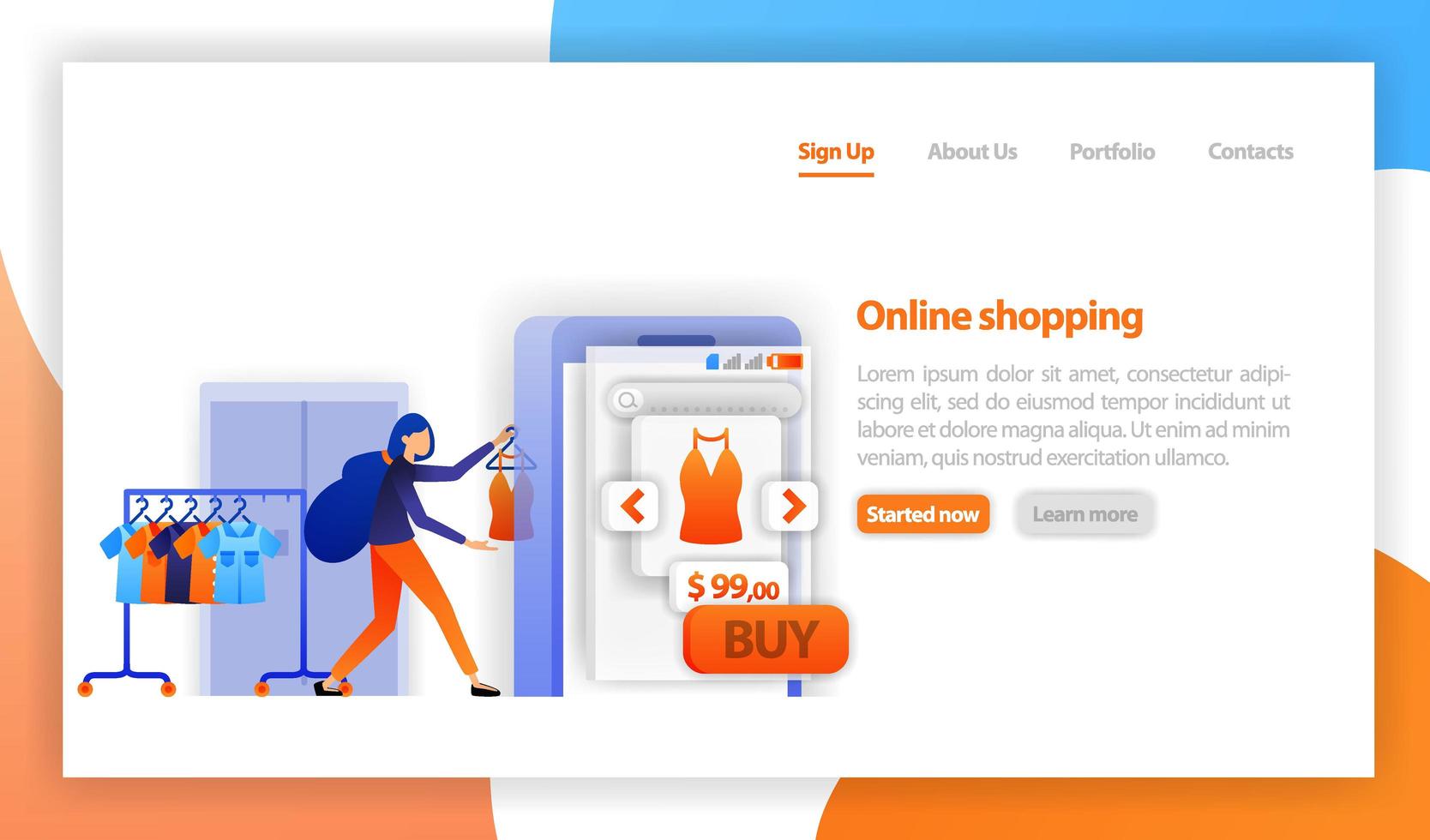 vendedor vende ropa a la tienda en línea. comercio, compra y venta en línea. concepto de marketing de tienda online. concepto de negocio para m-commerce. ilustración vectorial plana para web, banner, página de destino, móvil vector