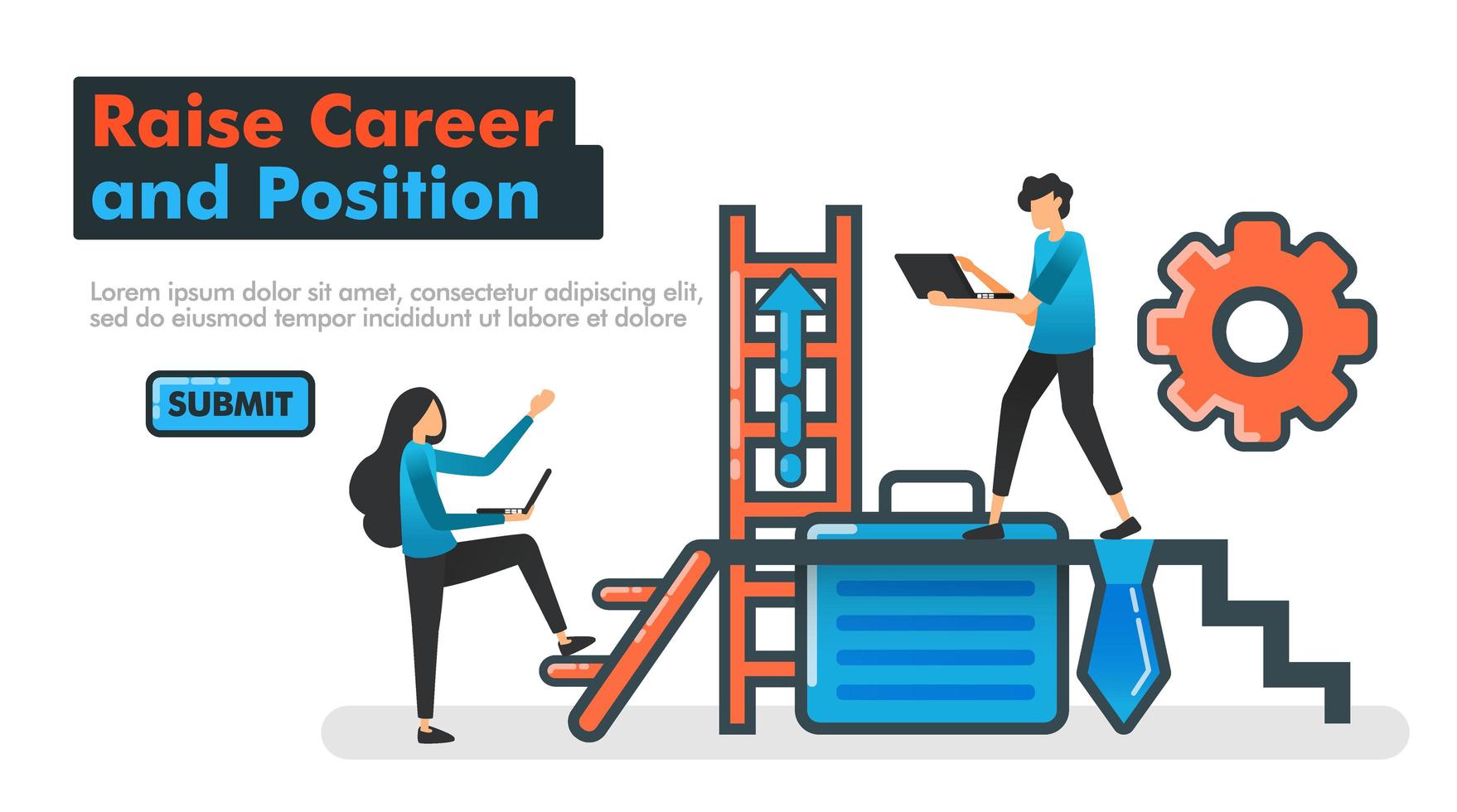 Raise Career and Position vector line illustration. People who try to raise their positions and careers by climbing stair and working harder. Tie and office bag. Mechanism of promotion. Website Mobile