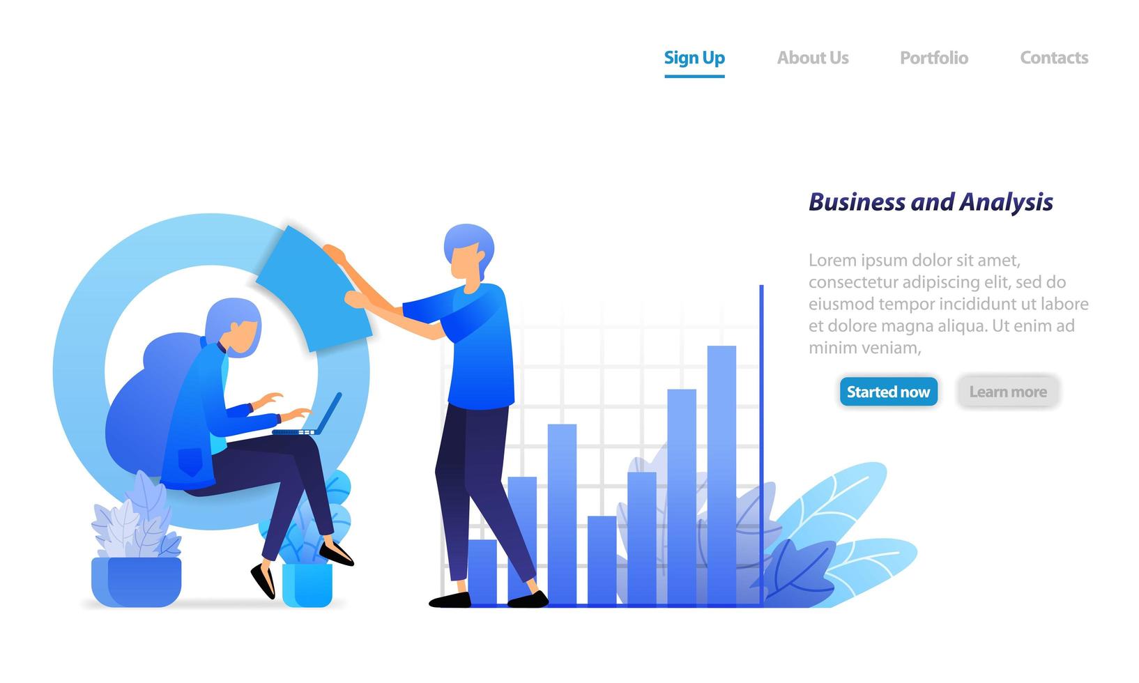 business meeting, bar charts and circles for financial analysis, developing company profits. Business vector illustration concept for landing page, web, ui, banner, flyer, poster, template, background