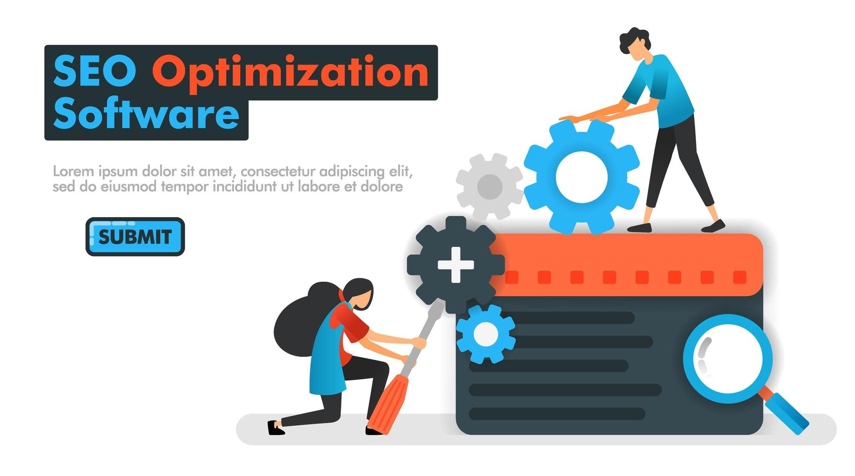 Ilustración de vector de software de optimización de SEO. los programadores realizan el mantenimiento y aumentan los resultados de los motores de búsqueda con la optimización seo. se puede utilizar para páginas de destino, sitios web, aplicaciones móviles, ui ux, carteles publicitarios