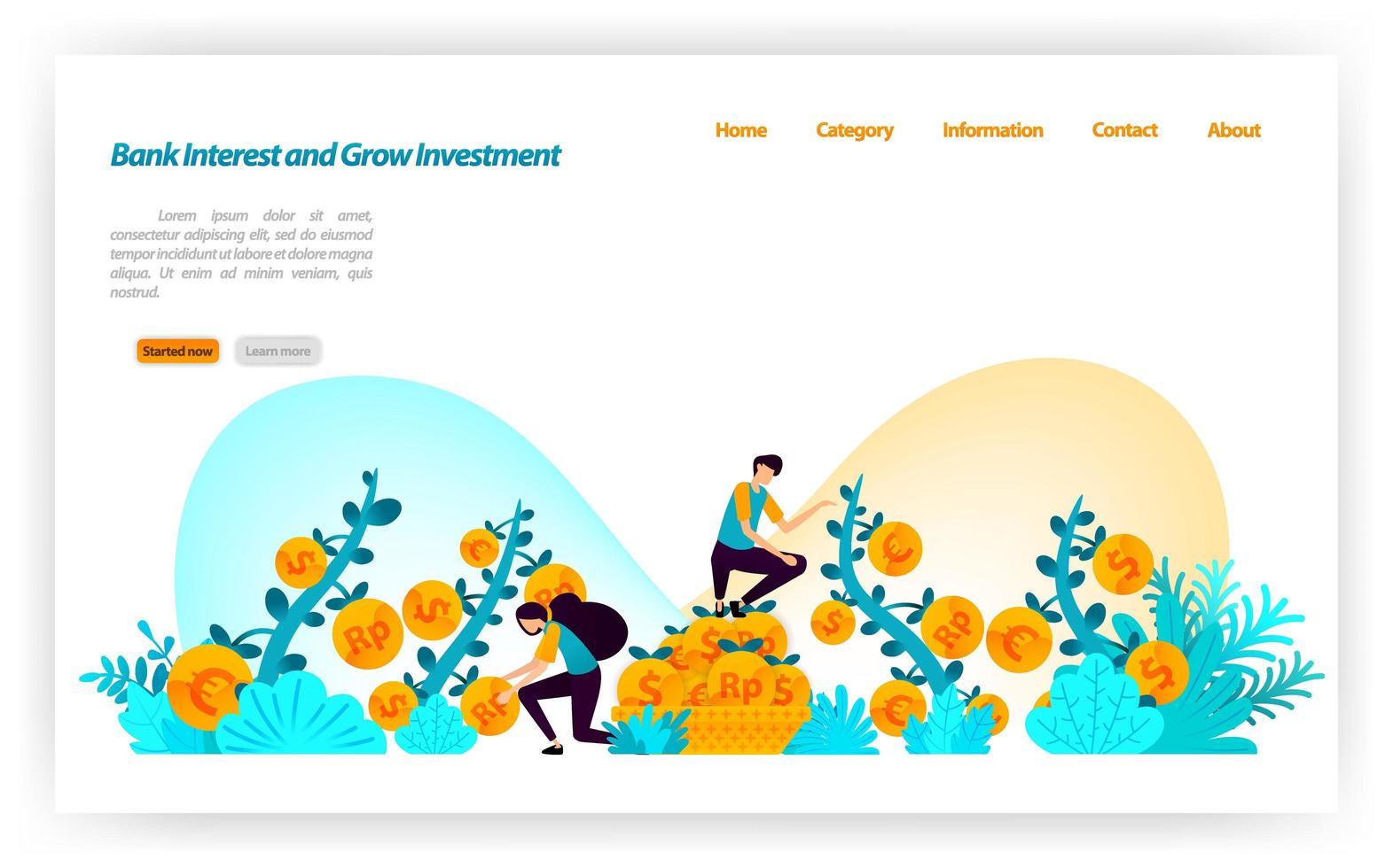 get best bank interest rate and grow financial investment from various currencies dollar,euro,rupiah. vector illustration concept for landing page, ui ux, web, mobile app, poster, banner, website, ads