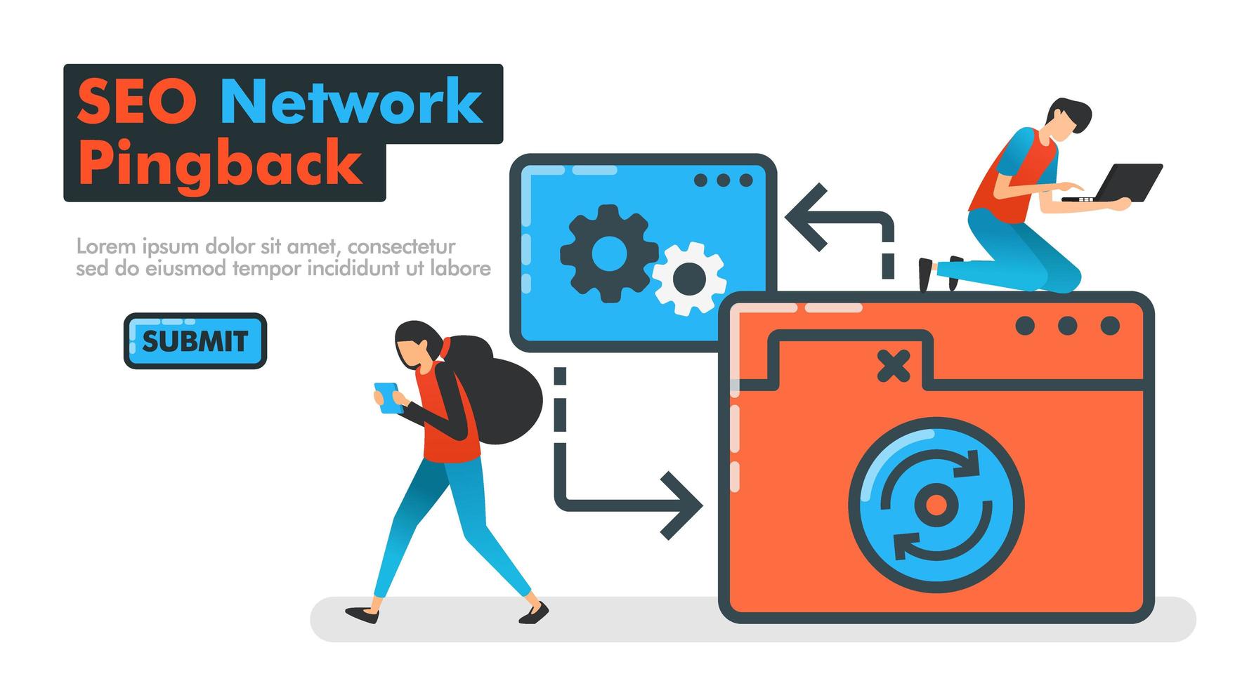 Ilustración de vector de línea de pingback de red seo. las personas intentan hacer ping en la red del sitio web para probar la optimización seo y el rendimiento en el sitio y las aplicaciones móviles. mecanismo de retorno de ping. para anuncios de sitios web de páginas de destino