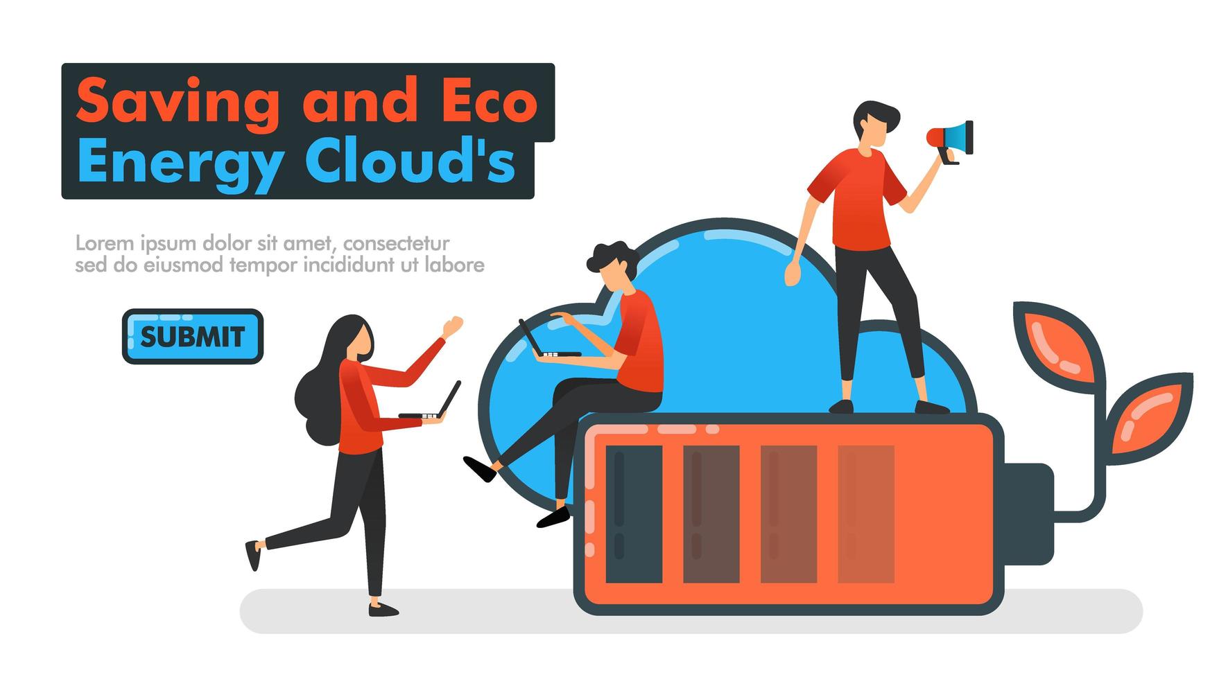 Ilustración de vector de línea de clound de ahorro y energía ecológica. las personas optan por utilizar energía ecológica respetuosa con el medio ambiente que es barata y eficiente en el uso del almacenamiento en la nube. para páginas de destino sitio web móvil