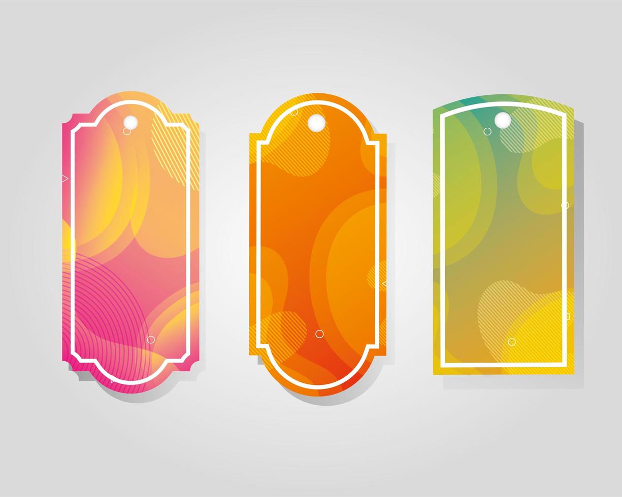 Etiquetas comerciales que cuelgan con colores vibrantes. vector