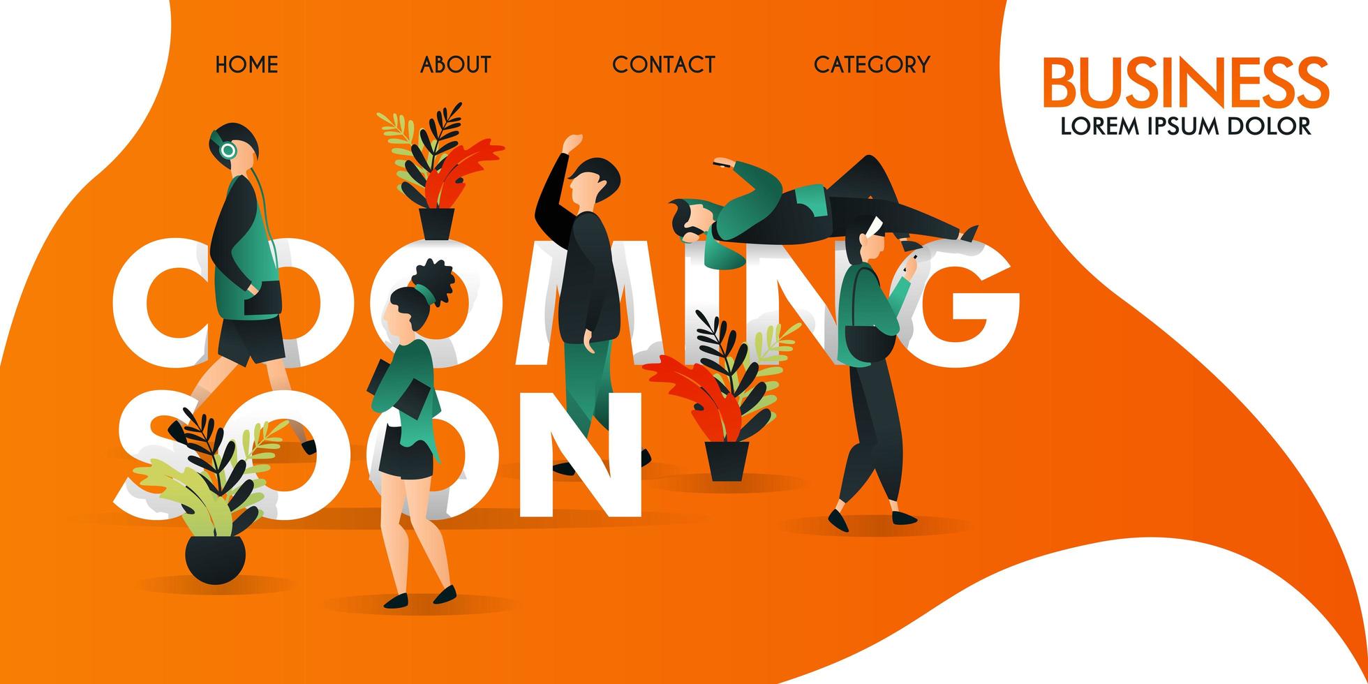 vector illustration, men and women walking around the word COMING SOON. and a man lying on top. can use for, landing page, templates, UI, web, mobile app