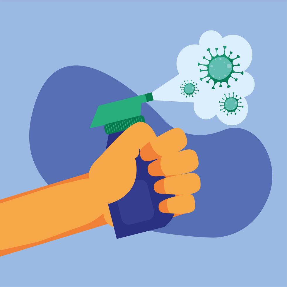 Hand holding sanitizer spray bottle and covid 19 virus vector design