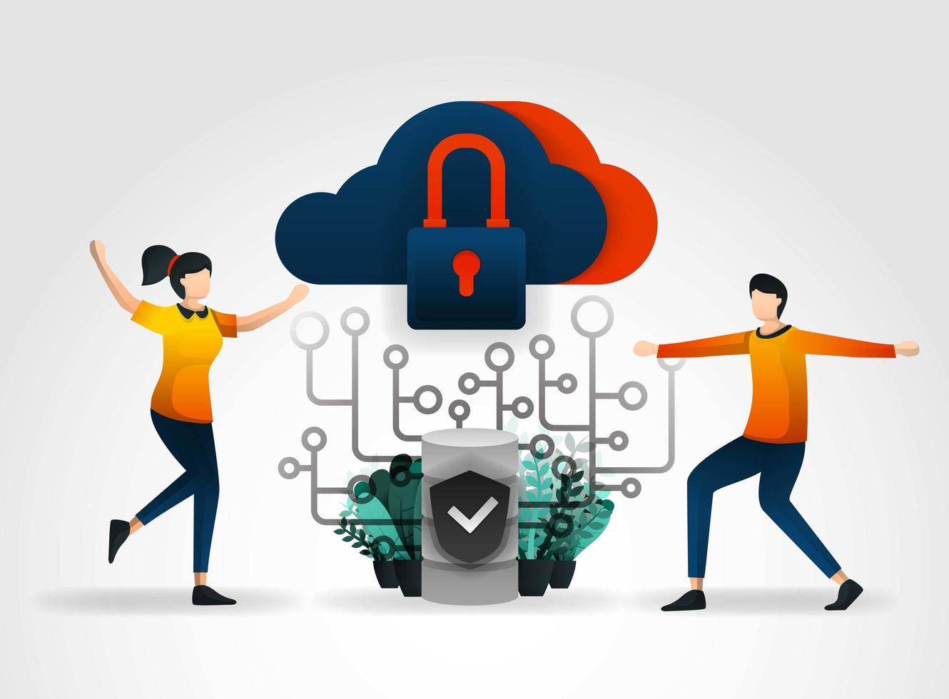 personaje de dibujos animados plano. El almacenamiento en la nube está protegido contra virus y piratería para mantener servidores y bases de datos. seguridad de la base de datos utilice soluciones de seguridad de red y firewall de empresas de seguridad vector