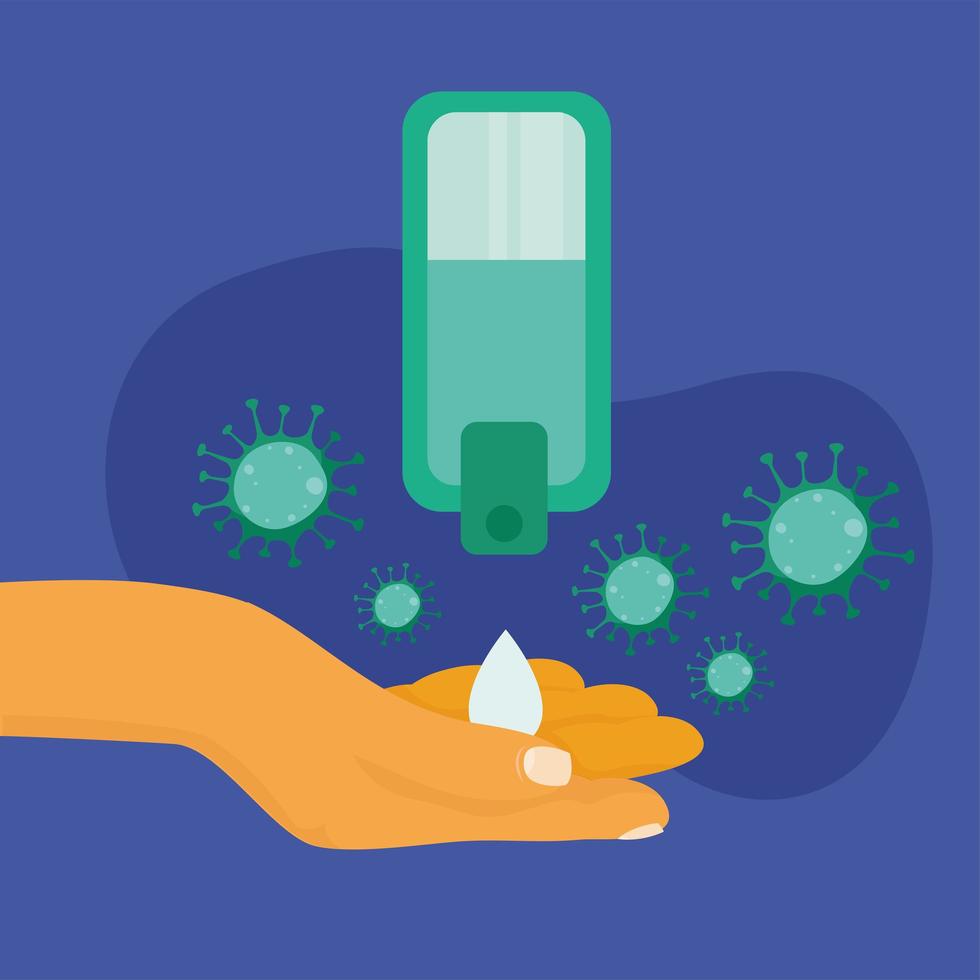 Hands washing with sanitizer bottle and covid 19 virus vector design