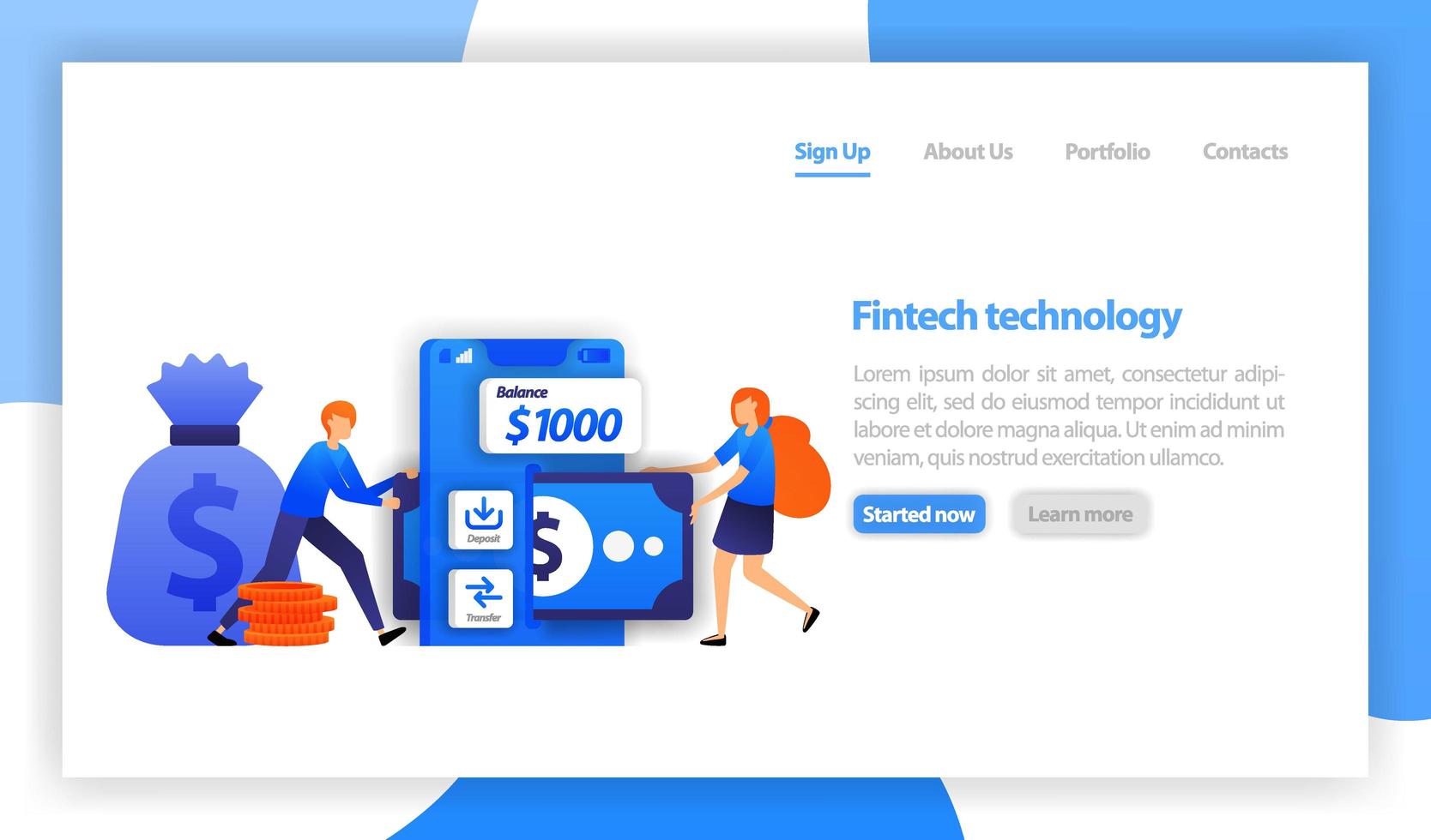 tecnología financiera o fintech. móvil ahorrando dinero. deposito y transferencia con smartphone. mujer pedir prestado dinero con aplicaciones fintech. ilustración vectorial plana para web, banner, página de destino, móvil vector