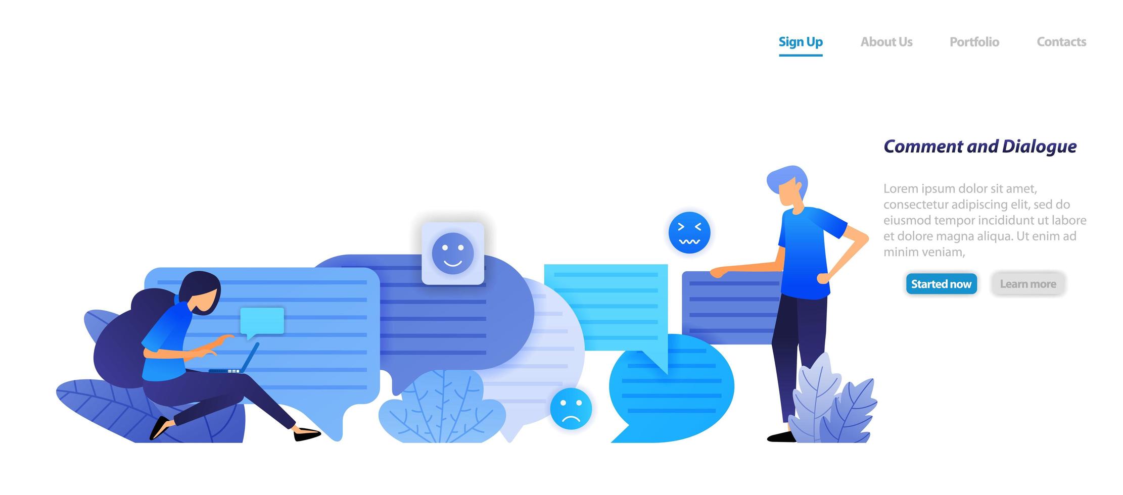 comment box and dialog. people chat each other with bubble chat emoticons for speech and communication. flat illustration concept for landing page, web, ui, banner, flyer, poster, template, background vector