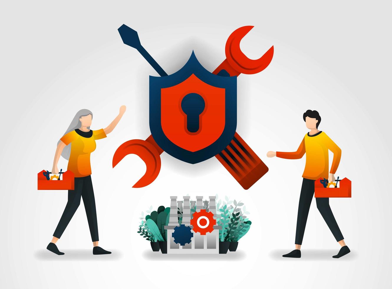 flat cartoon character. technicians carry out maintenance and repairs to security systems in factories and industries. reduce security threats and improve protection for all users of security products vector