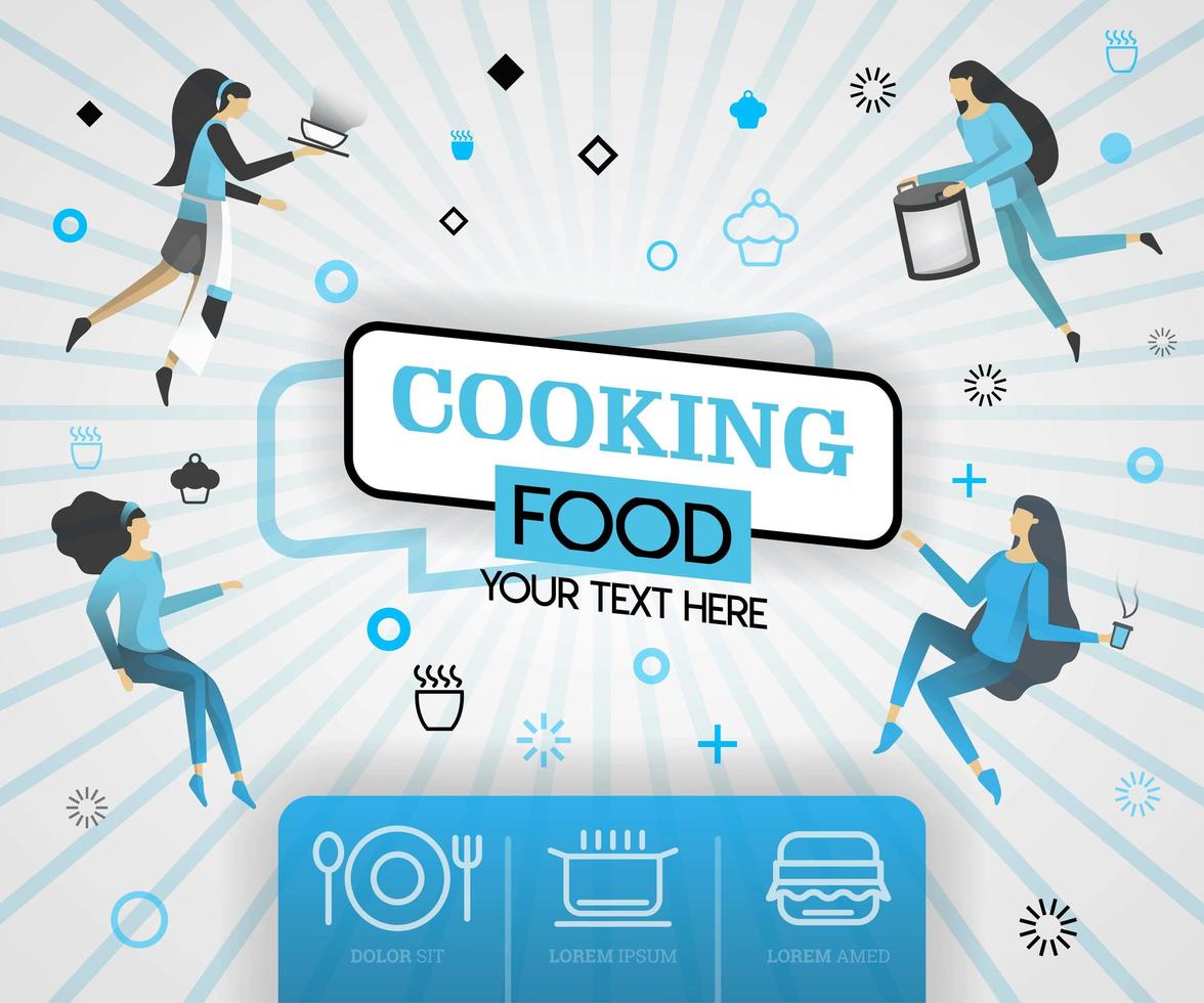 blue vector illustration concept. cooking food recipes cover book.  healthy cooking recipes and delicious food cover can be for, magazine, cover, banner, website, cookbook, book, mobile. flat cartoon