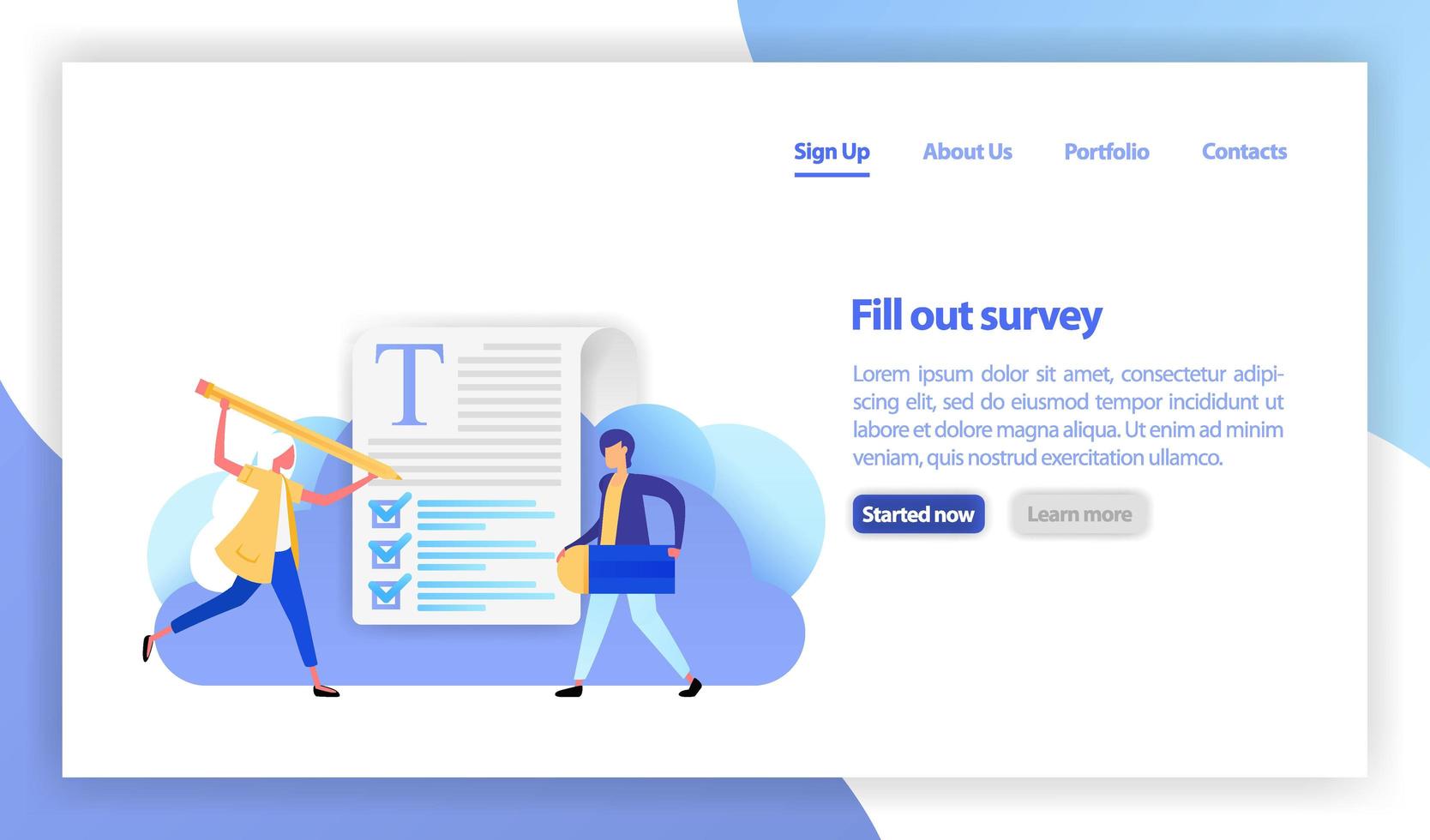 vector flat illustration for banner, landing page, mobile. people select a resume for a job. recruitment agency. application form for employment. students fill out the exam question quiz. claim form