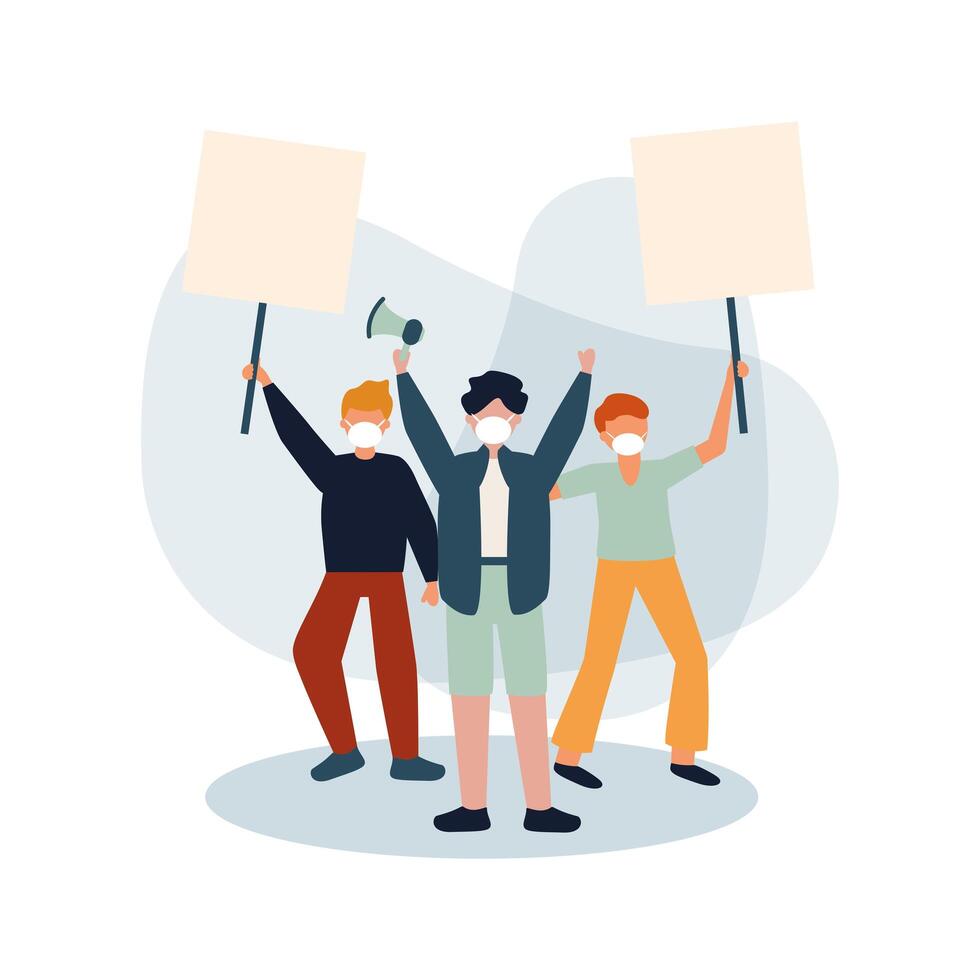 Men with medical masks banners boards and megaphone vector design