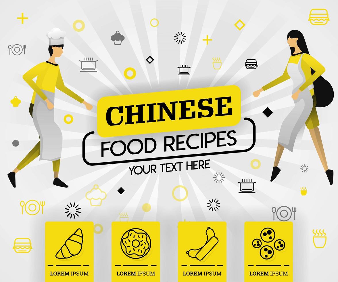yellow vector illustration concept. chinese food recipes recipes cover book.  healthy cooking recipe and delicious food cover can be for, magazine, cover, banner, cookbook, book. flat cartoon style
