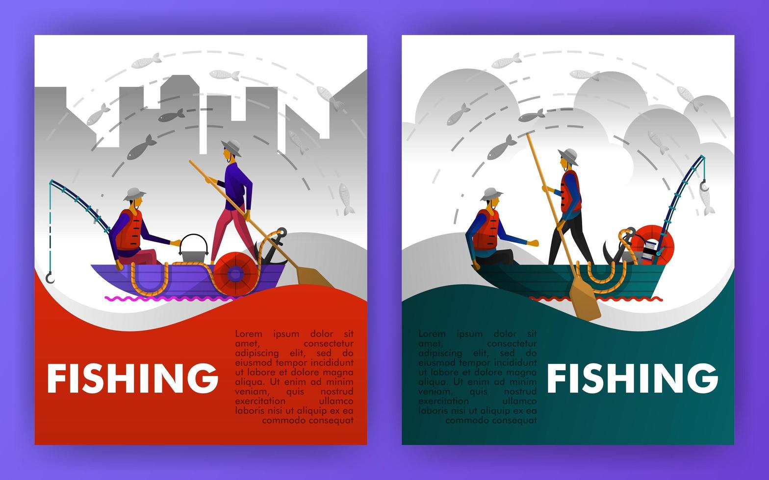 fishermen are fishing on the edge of the port, carrying canoes and traditional fishing gear. can be use for, landing page, website, mobile app, poster, flyer, coupon, gift card, smartphone ,web design vector