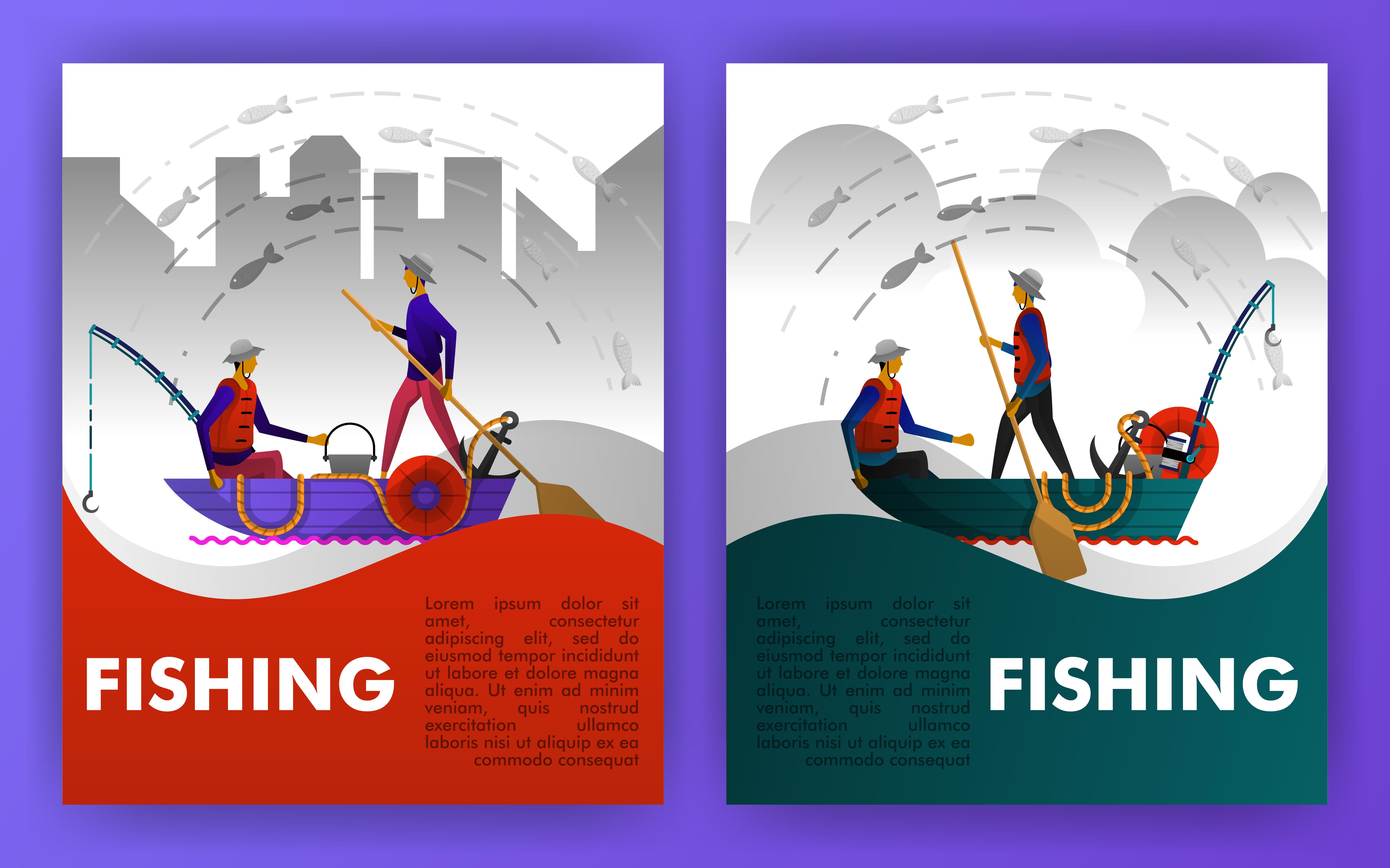 fishermen are fishing on the edge of the port, carrying canoes and traditional  fishing gear. can be use for, landing page, website, mobile app, poster,  flyer, coupon, gift card, smartphone ,web design