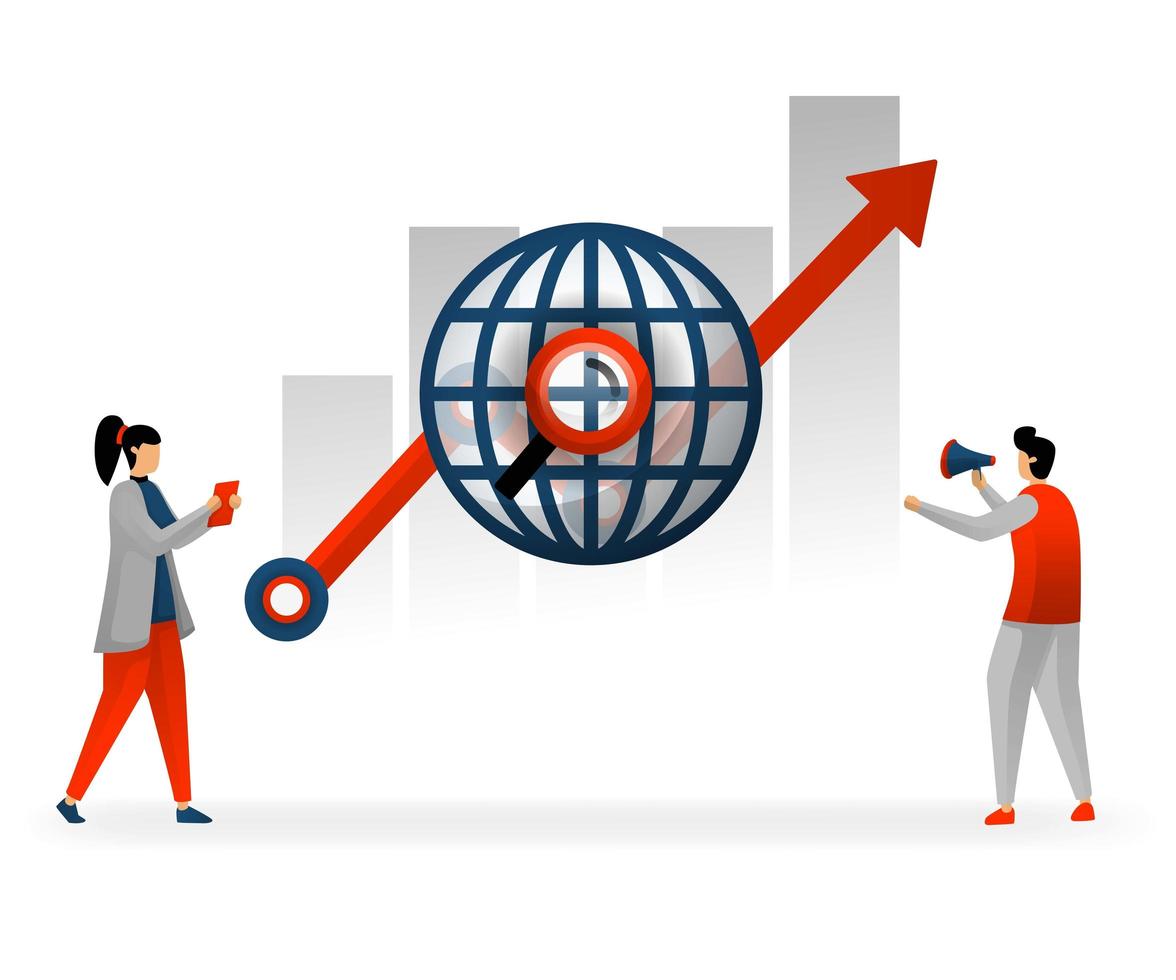 business and promotion of vector illustration. following world trading in choosing best keywords, SEO to reach high traffic. SEO and keyword increase income statistics. SEO logo. flat character style