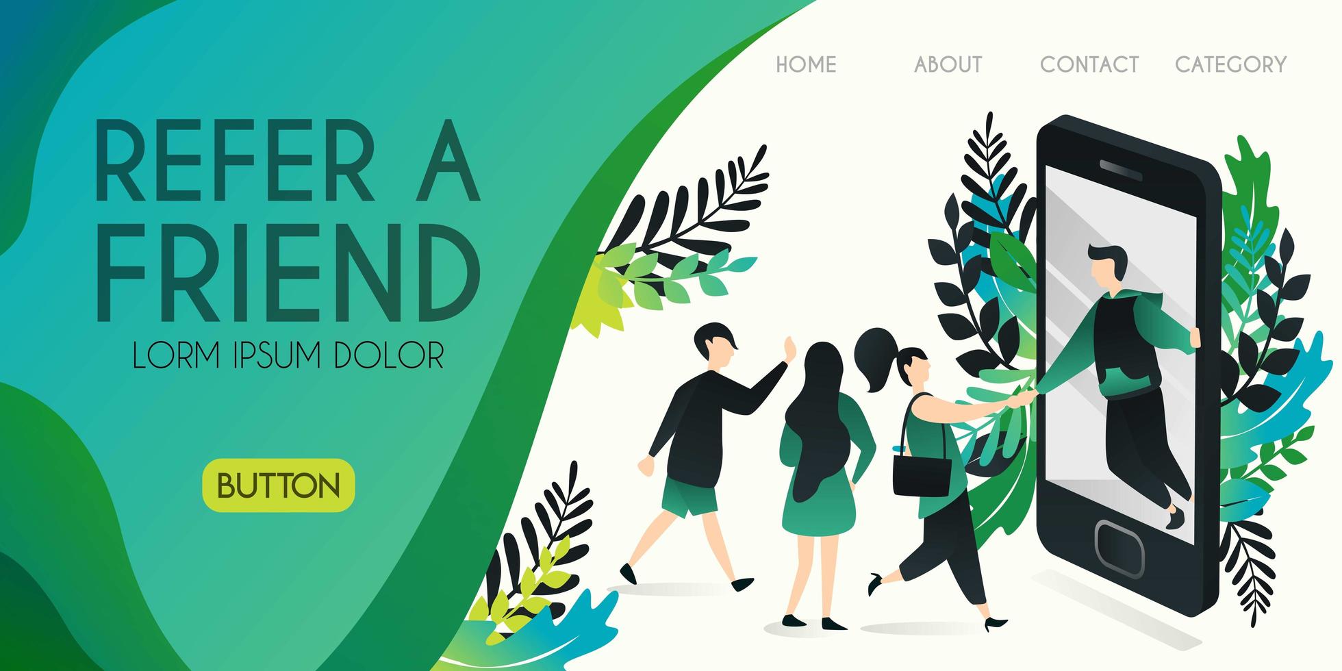 Refer a friend vector illustration concept, the person coming out of the smartphone screen is grabbing the hands of people with refer a friend word, , can use for, landing page, template, ui, web