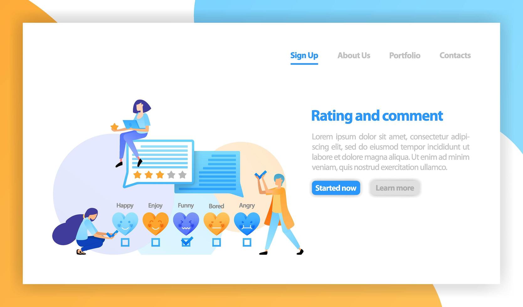 vector flat illustration for web, banner, landing page, mobile. people leave feedback and comments, love emoticon rating, giving a 5 star and love for a best product, good experience and satisfaction